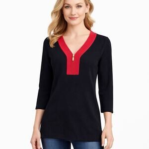 Cable & Gauge Women’s Small Black Knit Top Red Trim Half Zip V-Neck Knit Sweater